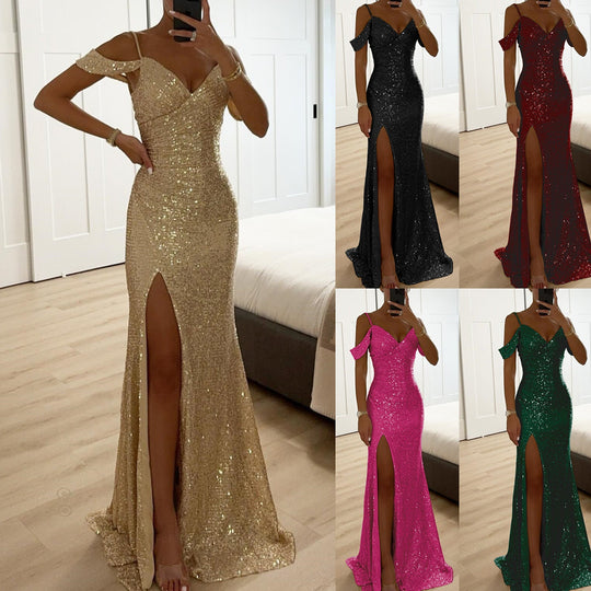 Damen Abendkleid Mit Schlitz Und Schulterdetail