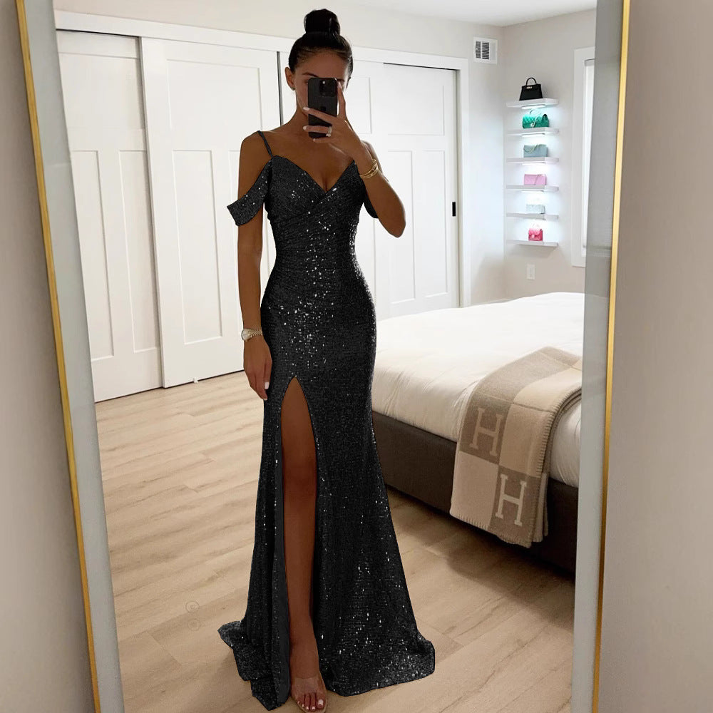Damen Abendkleid Mit Schlitz Und Schulterdetail