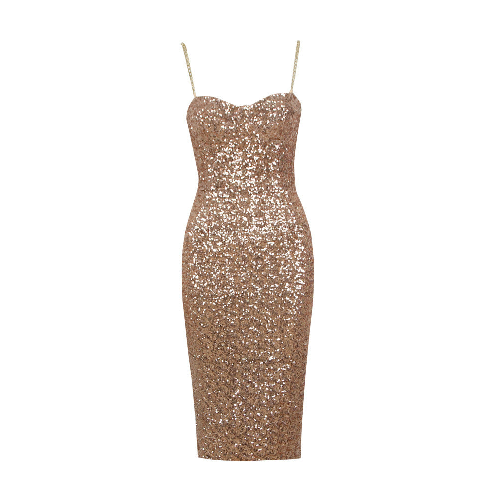 Damen Glänzendes Midi Kleid Mit Reißverschluss