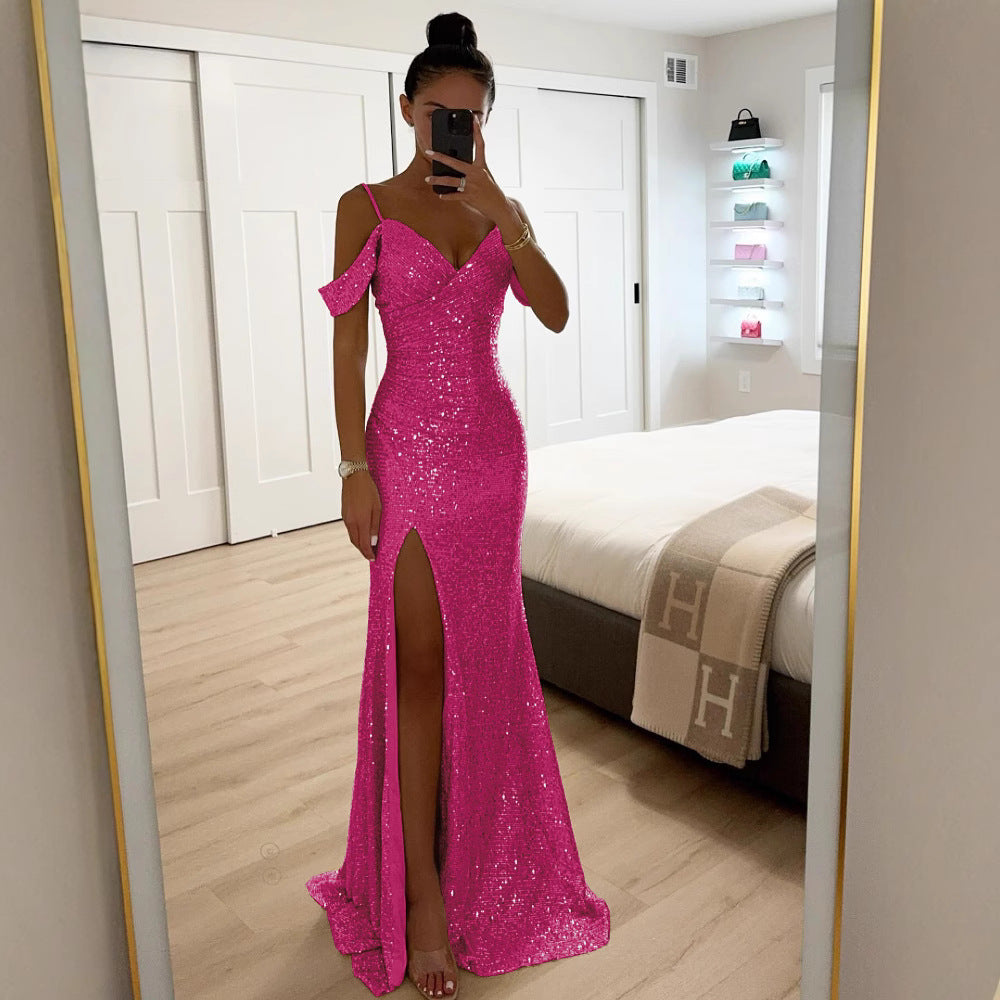 Damen Abendkleid Mit Schlitz Und Schulterdetail