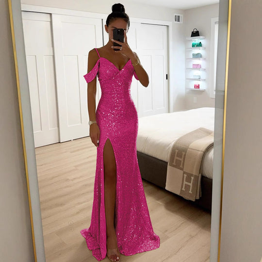 Damen Abendkleid Mit Schlitz Und Schulterdetail