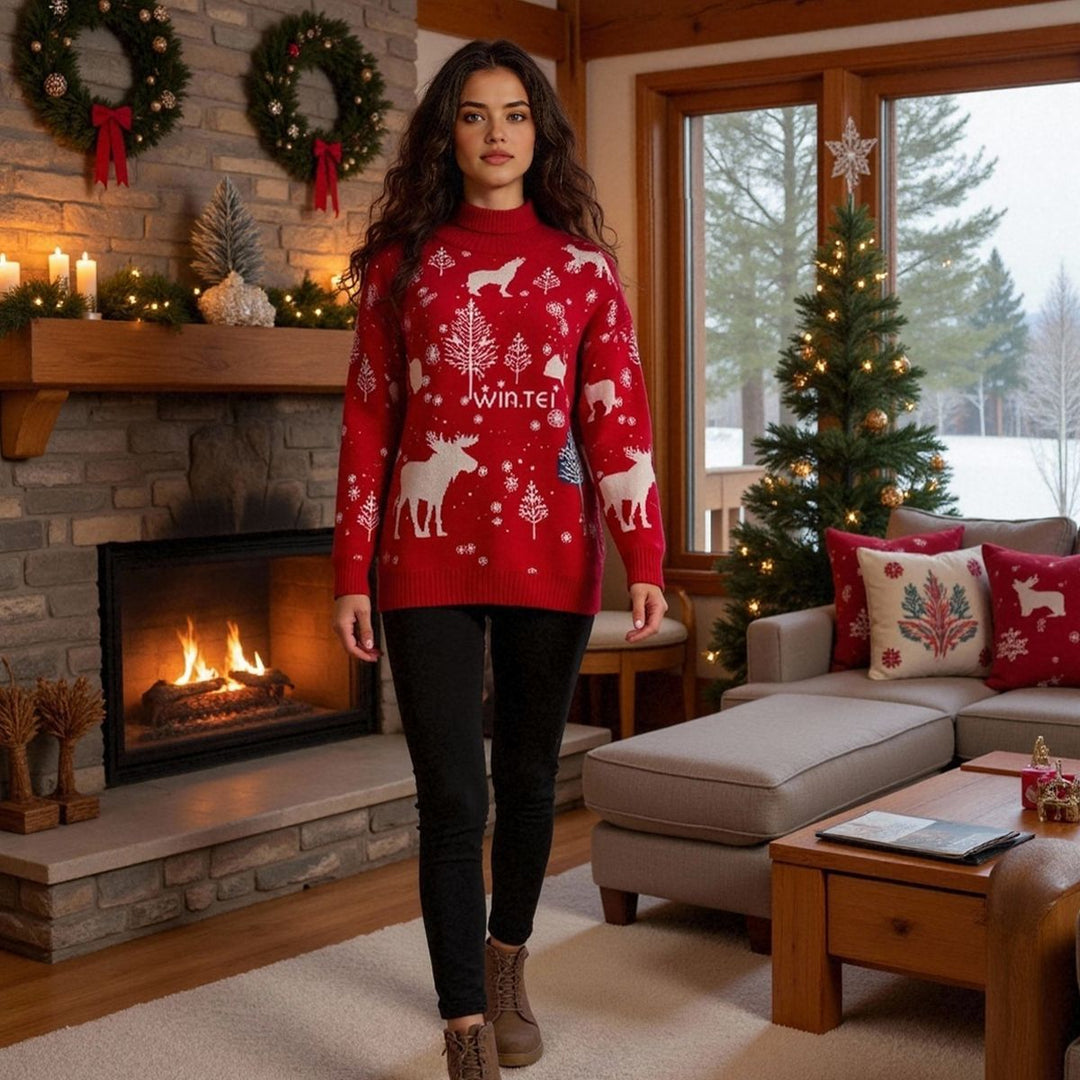 Damen Rollkragen Weihnachtspullover Mit Rentiermotiv