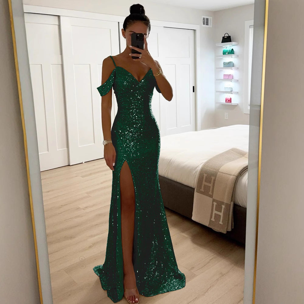 Damen Abendkleid Mit Schlitz Und Schulterdetail
