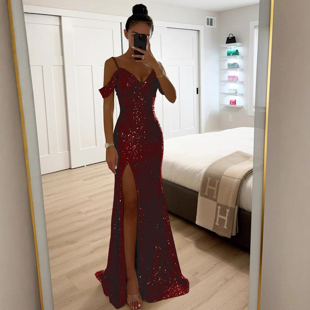 Damen Abendkleid Mit Schlitz Und Schulterdetail