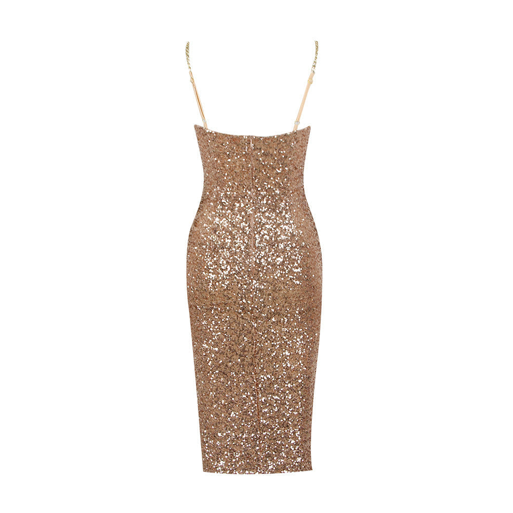 Damen Glänzendes Midi Kleid Mit Reißverschluss