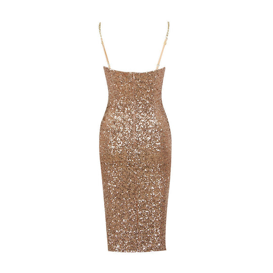 Damen Glänzendes Midi Kleid Mit Reißverschluss