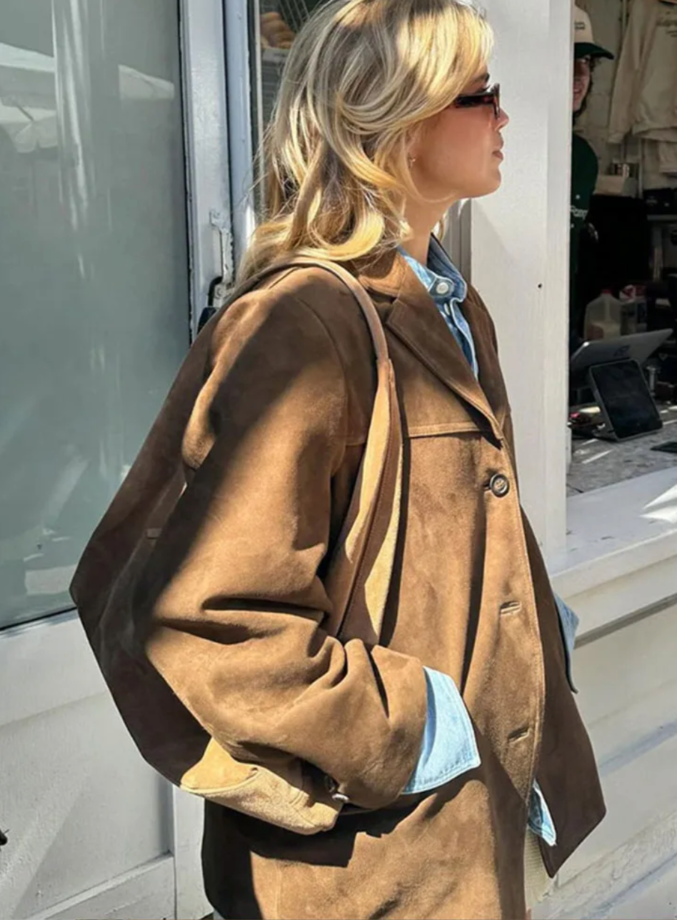 Damen Wildlederjacke Mit Knopfleiste Im Oversize Stil