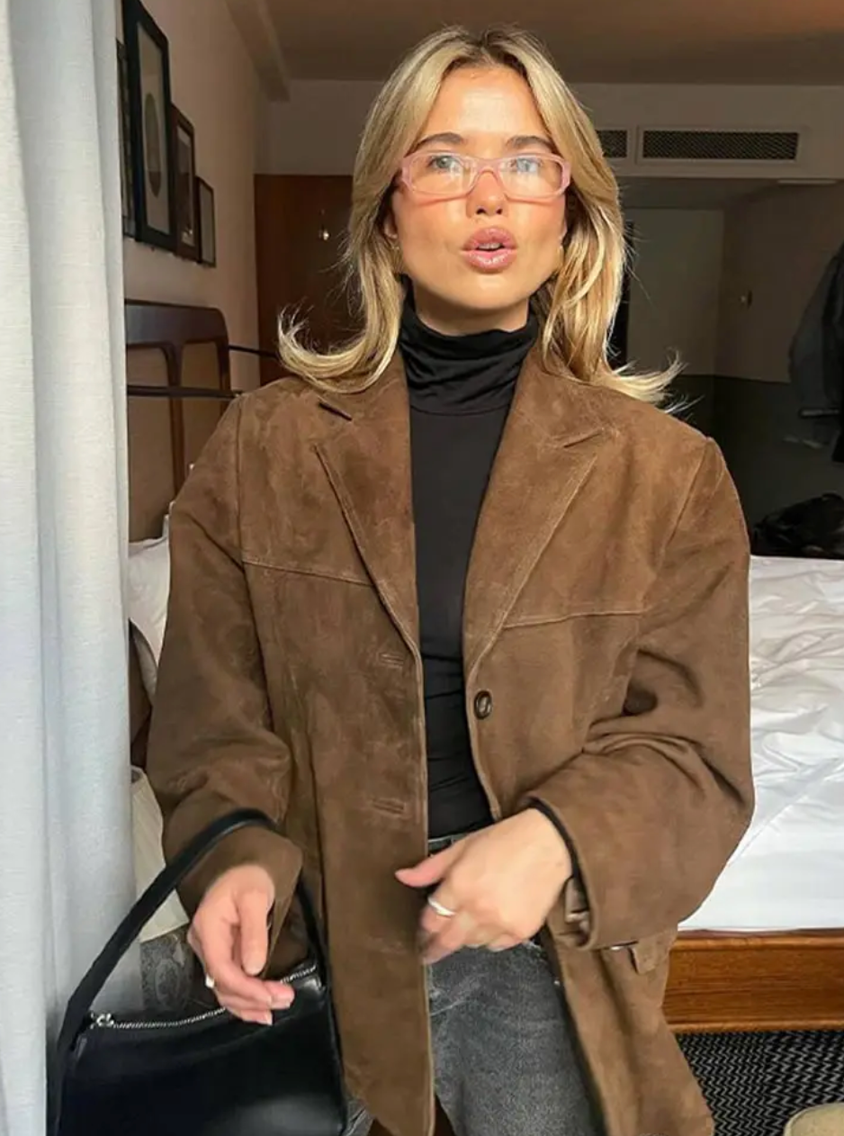 Damen Wildlederjacke Mit Knopfleiste Im Oversize Stil