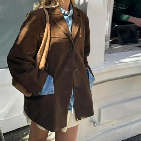 Damen Wildlederjacke Mit Knopfleiste Im Oversize Stil
