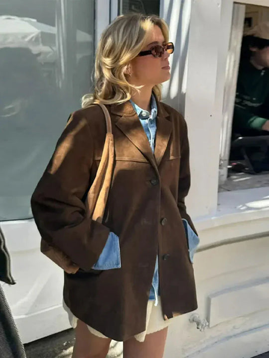 Damen Wildlederjacke Mit Knopfleiste Im Oversize Stil