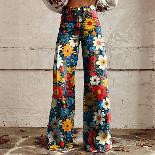 Damen Weitbein Jeans Mit Print Und Modernem Design