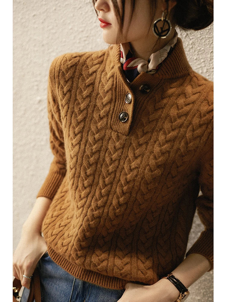 Damen Zopfmuster Pullover Mit Knopfleiste Und Stehkragen