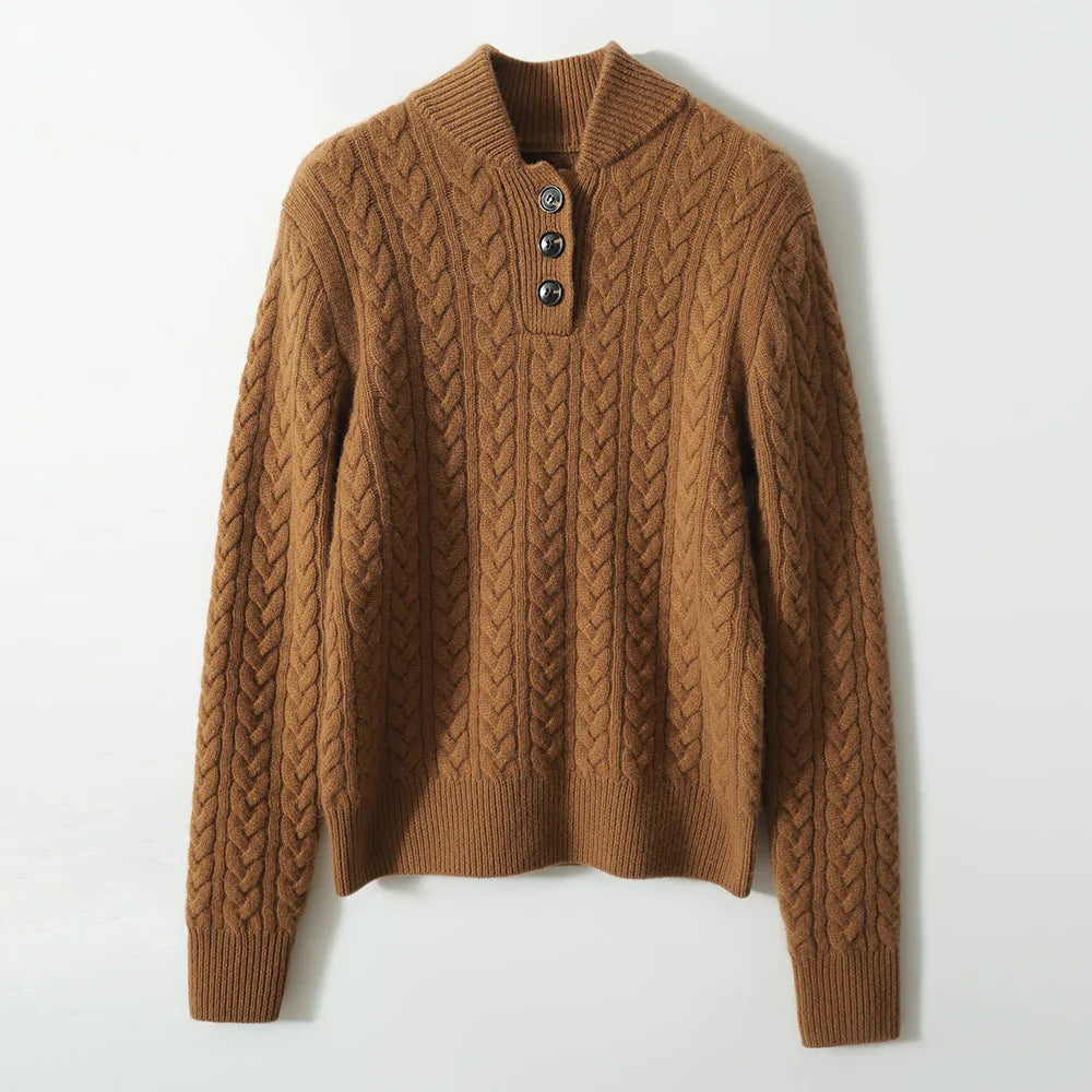 Damen Zopfmuster Pullover Mit Knopfleiste Und Stehkragen