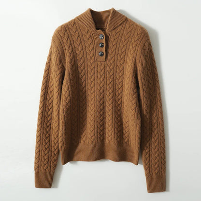 Damen Zopfmuster Pullover Mit Knopfleiste Und Stehkragen