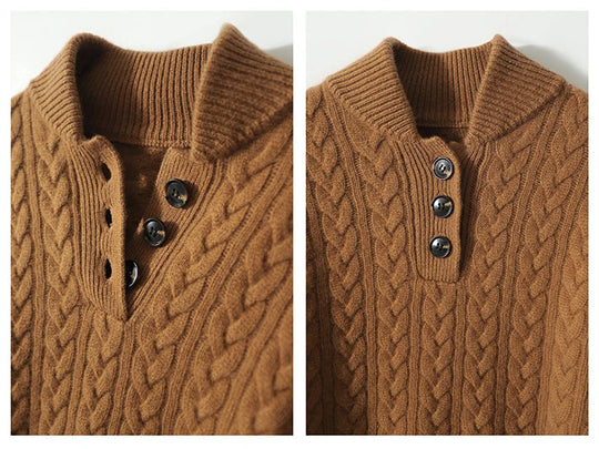 Damen Zopfmuster Pullover Mit Knopfleiste Und Stehkragen