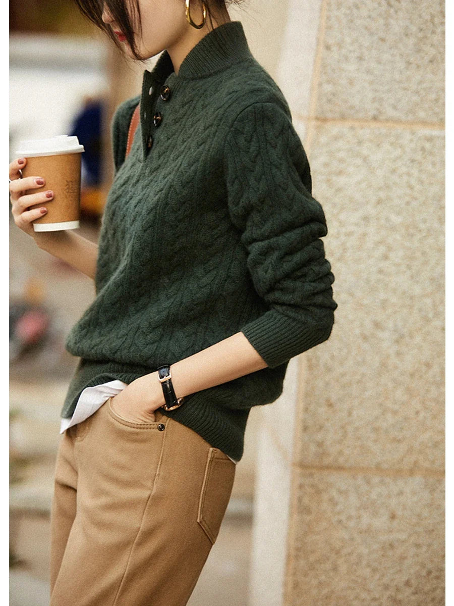 Damen Zopfmuster Pullover Mit Knopfleiste Und Stehkragen