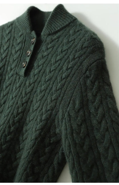 Damen Zopfmuster Pullover Mit Knopfleiste Und Stehkragen