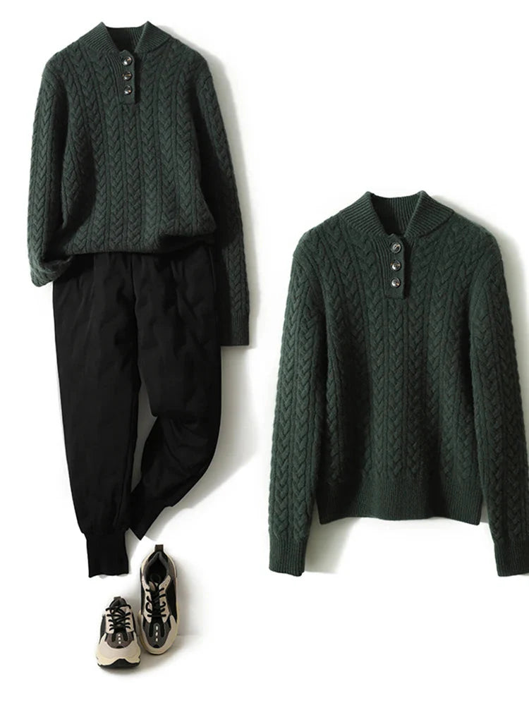 Damen Zopfmuster Pullover Mit Knopfleiste Und Stehkragen