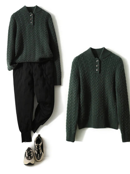 Damen Zopfmuster Pullover Mit Knopfleiste Und Stehkragen