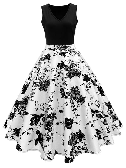 1950er Vintage Blumen Trapez Cocktail Abendkleid