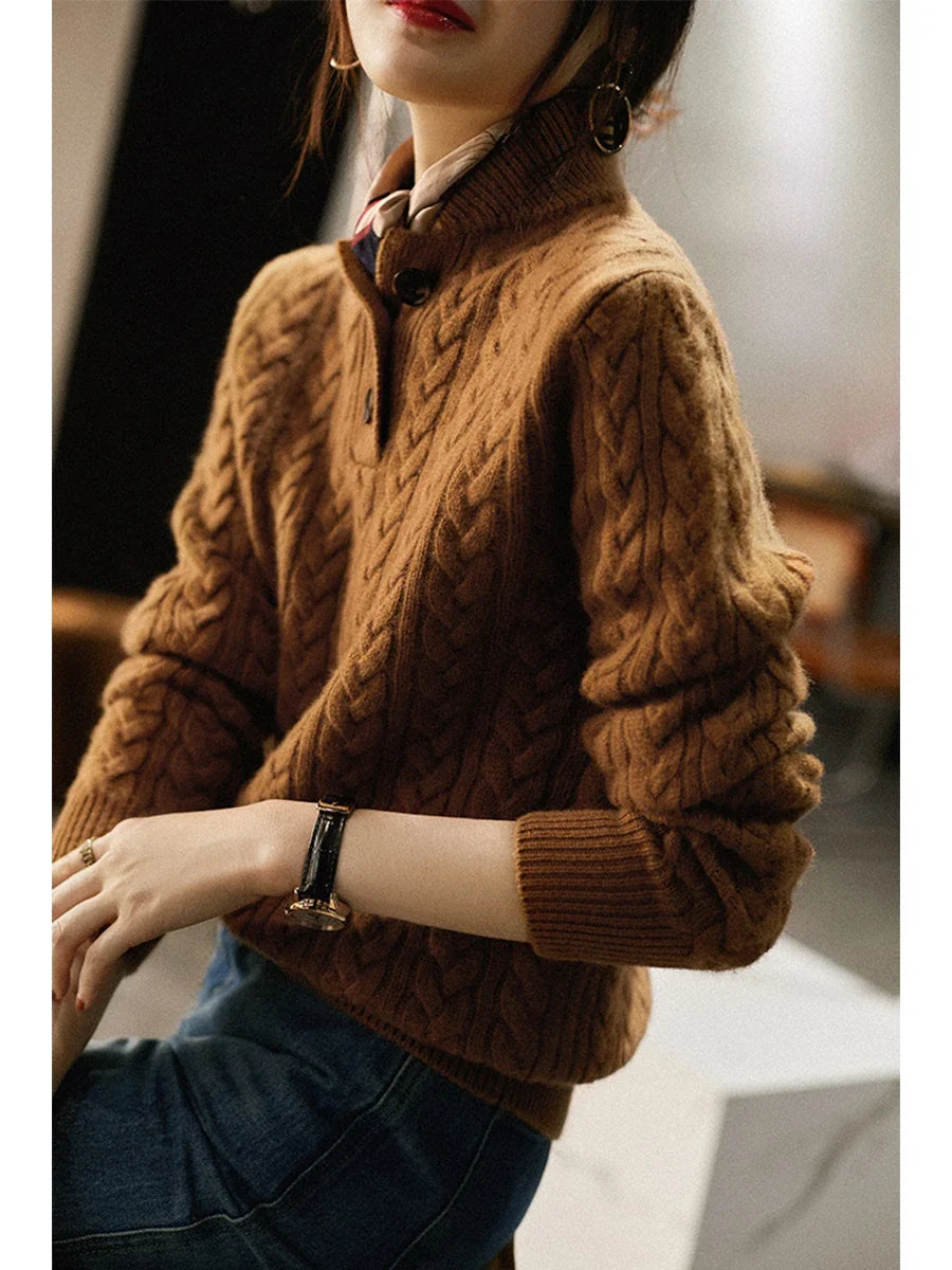 Damen Zopfmuster Pullover Mit Knopfleiste Und Stehkragen