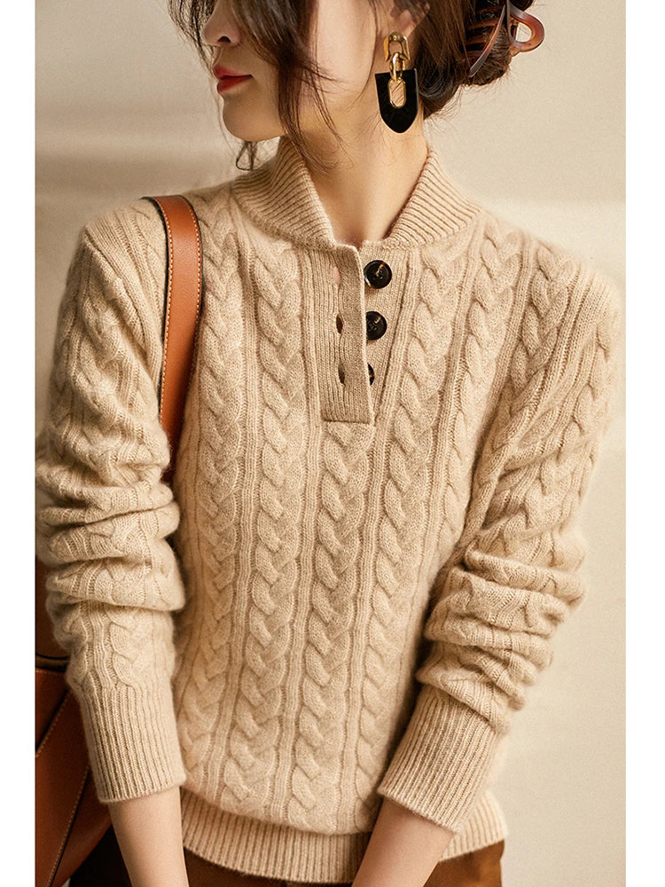 Damen Zopfmuster Pullover Mit Knopfleiste Und Stehkragen