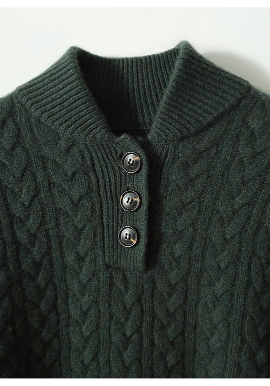 Damen Zopfmuster Pullover Mit Knopfleiste Und Stehkragen