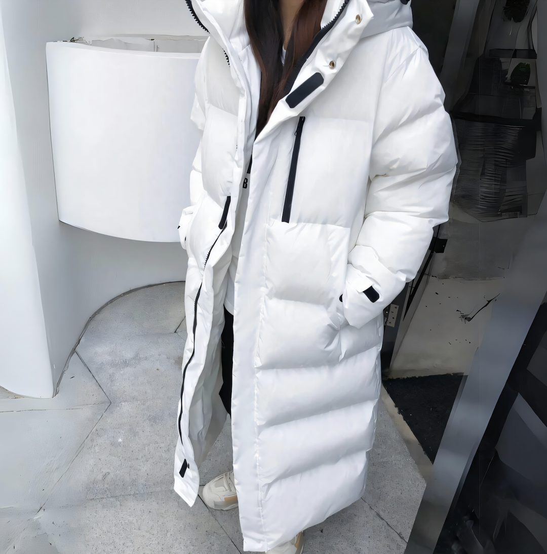 Damen Daunenmantel Mit Winddichtem Design Und Langer Passform