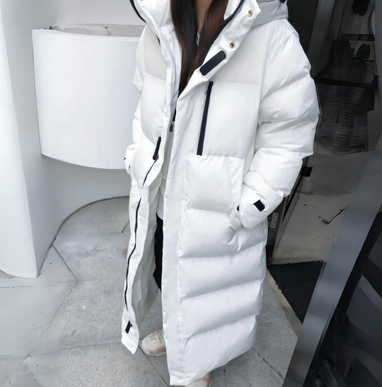 Damen Daunenmantel Mit Winddichtem Design Und Langer Passform