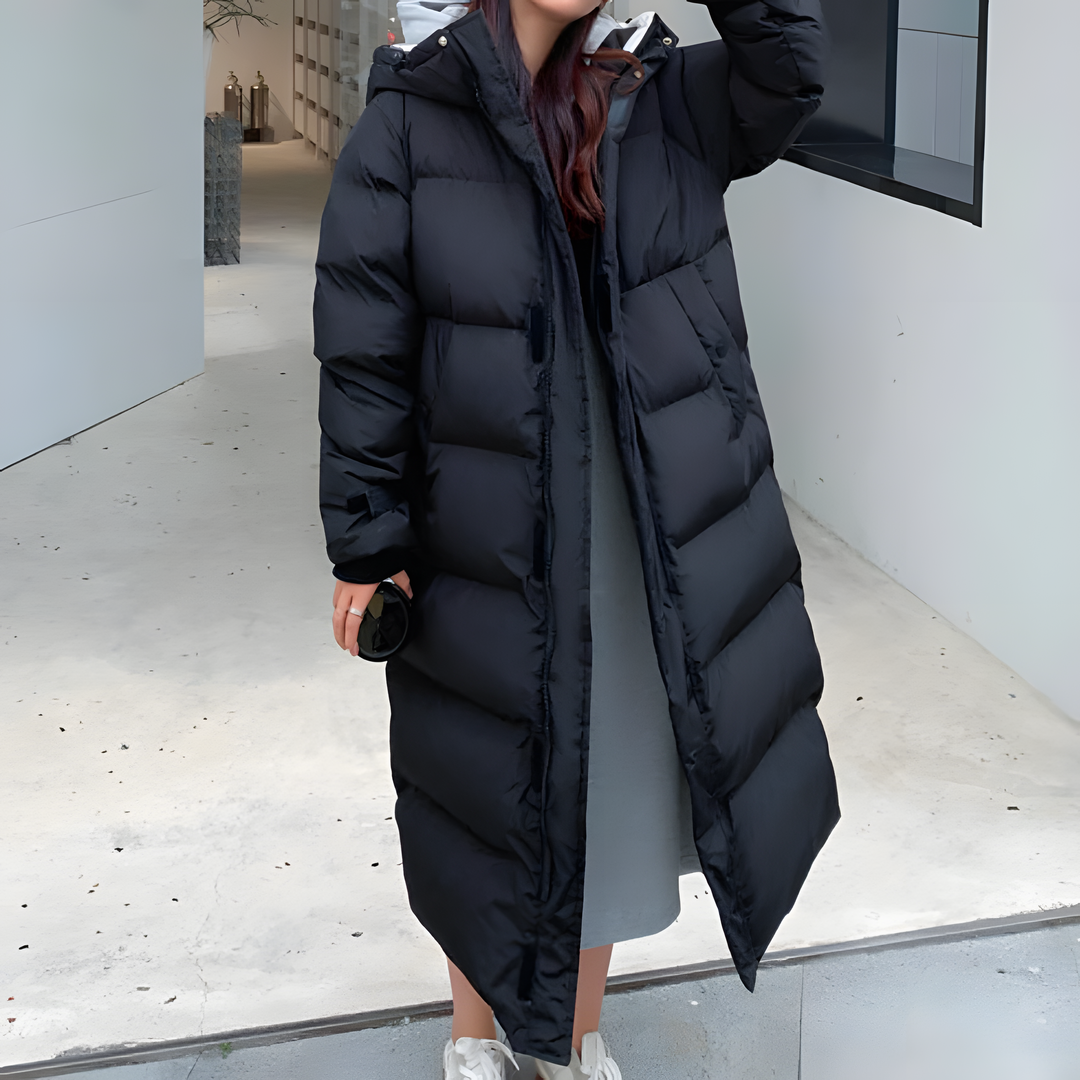 Damen Daunenmantel Mit Winddichtem Design Und Langer Passform