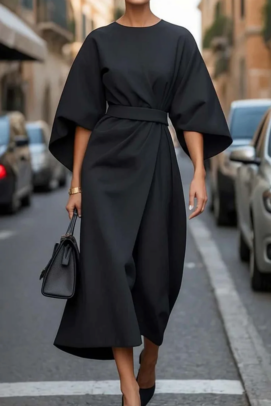 Damen Kleid Mit Laternenärmeln Und Gürtel
