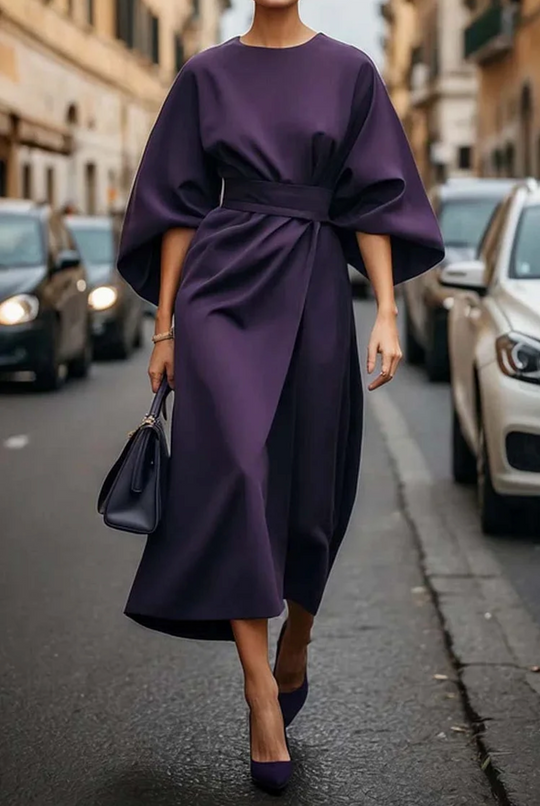 Damen Kleid Mit Laternenärmeln Und Gürtel