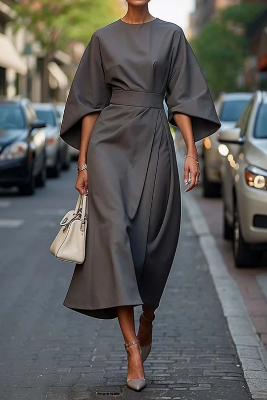 Damen Kleid Mit Laternenärmeln Und Gürtel