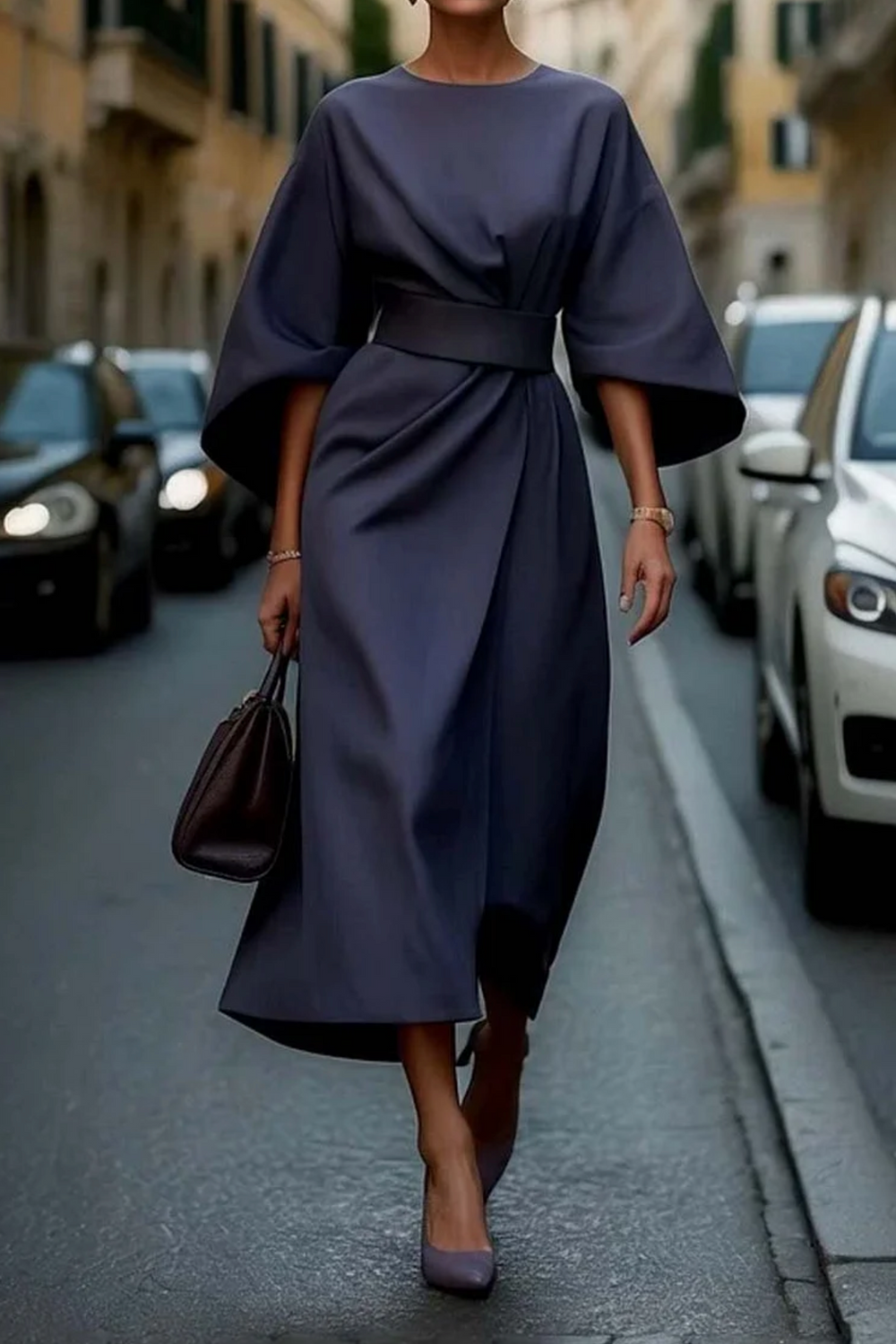 Damen Kleid Mit Laternenärmeln Und Gürtel