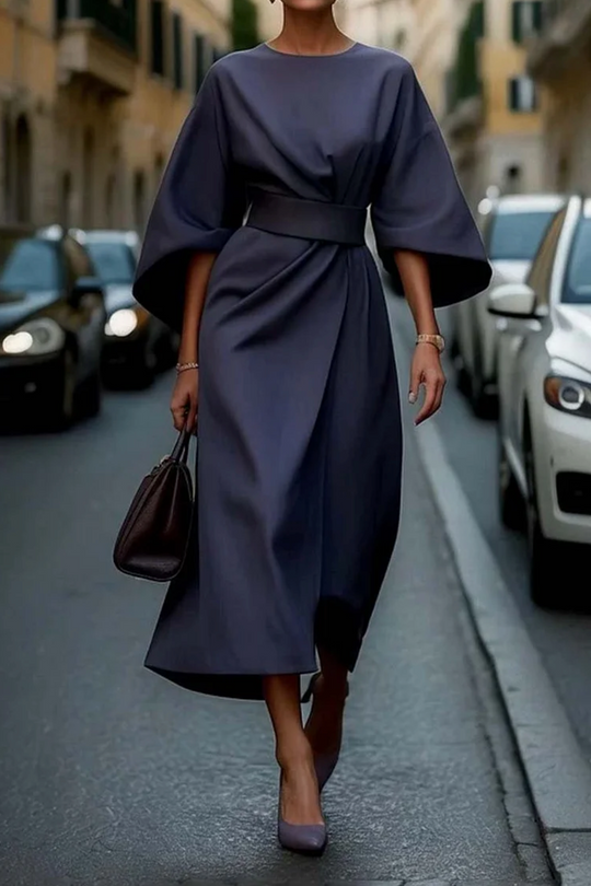 Damen Kleid Mit Laternenärmeln Und Gürtel