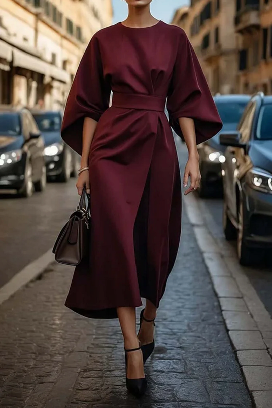Damen Kleid Mit Laternenärmeln Und Gürtel