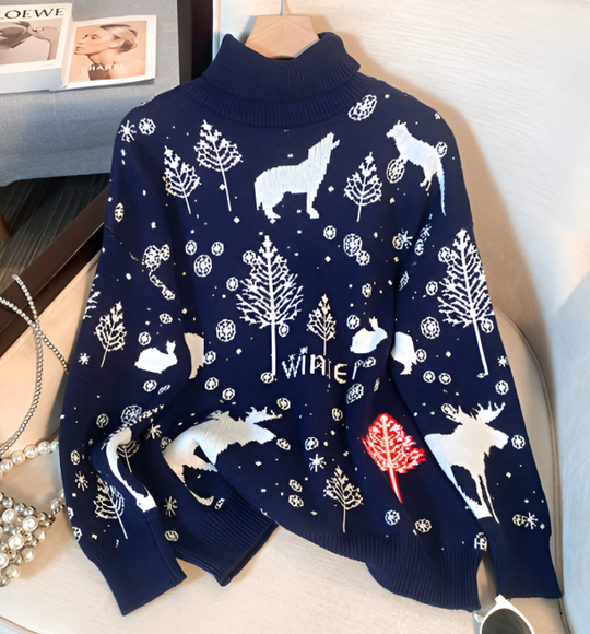 Damen Rollkragen Weihnachtspullover Mit Rentiermotiv