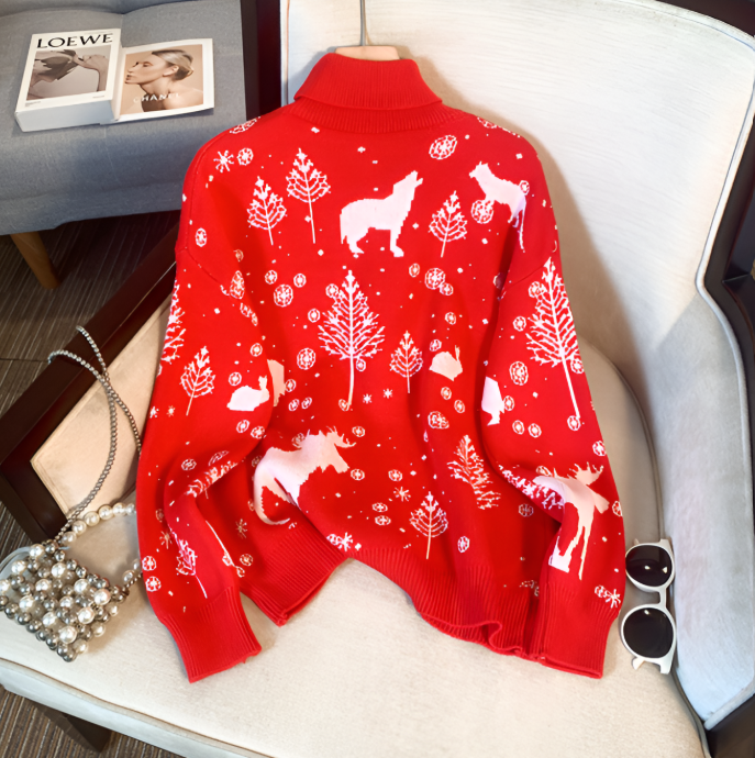 Damen Rollkragen Weihnachtspullover Mit Rentiermotiv