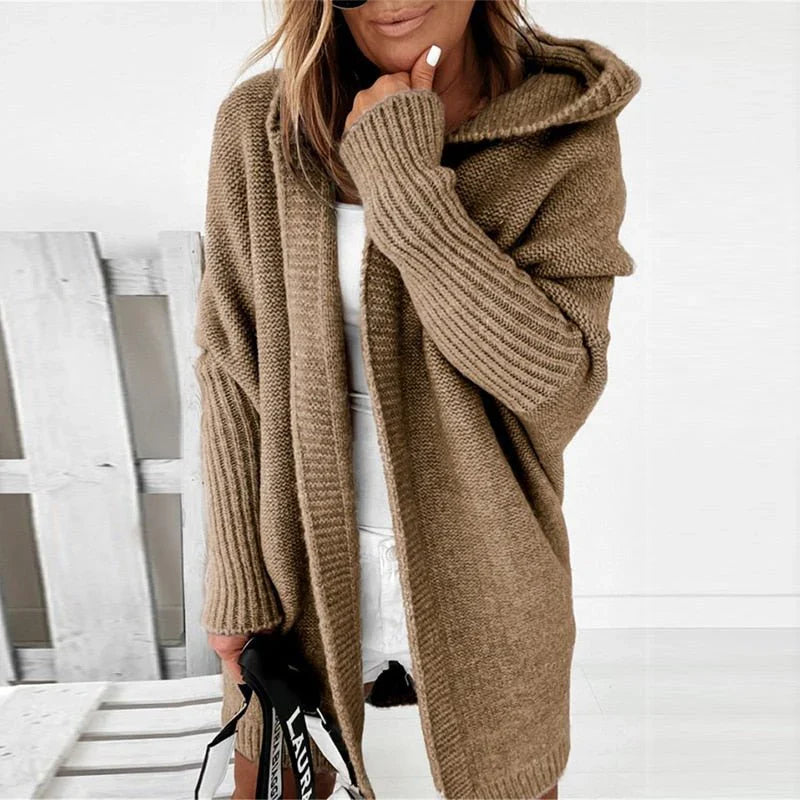Damen Lange Strickweste Mit Kapuze Im Eleganten Design
