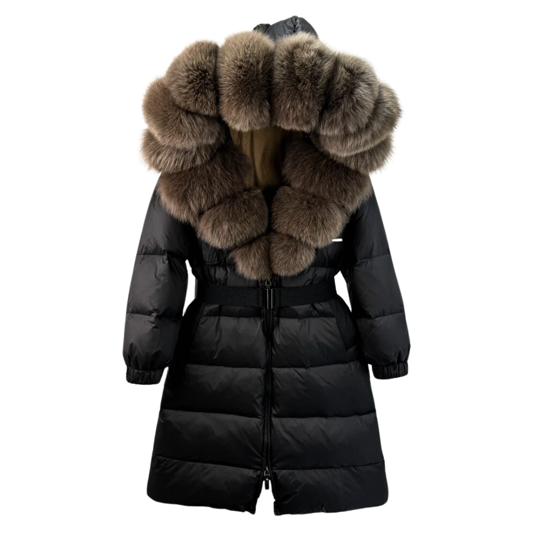 Damen Daunenparka Mit Gürtel Und Klassischem Design
