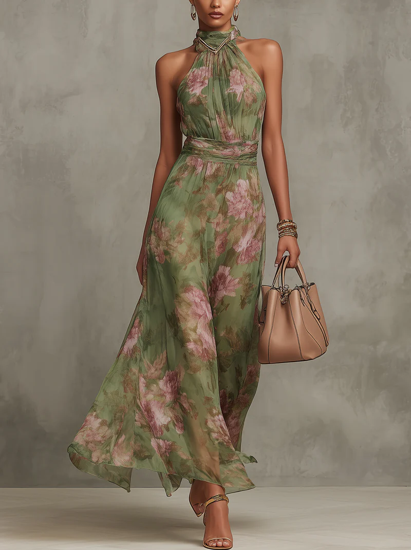 Grünes Blumenmuster Chiffon Maxikleid mit Neckholder-Ausschnitt