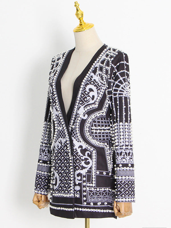 Damen Blazer Mit Perlenverzierung Und V Ausschnitt