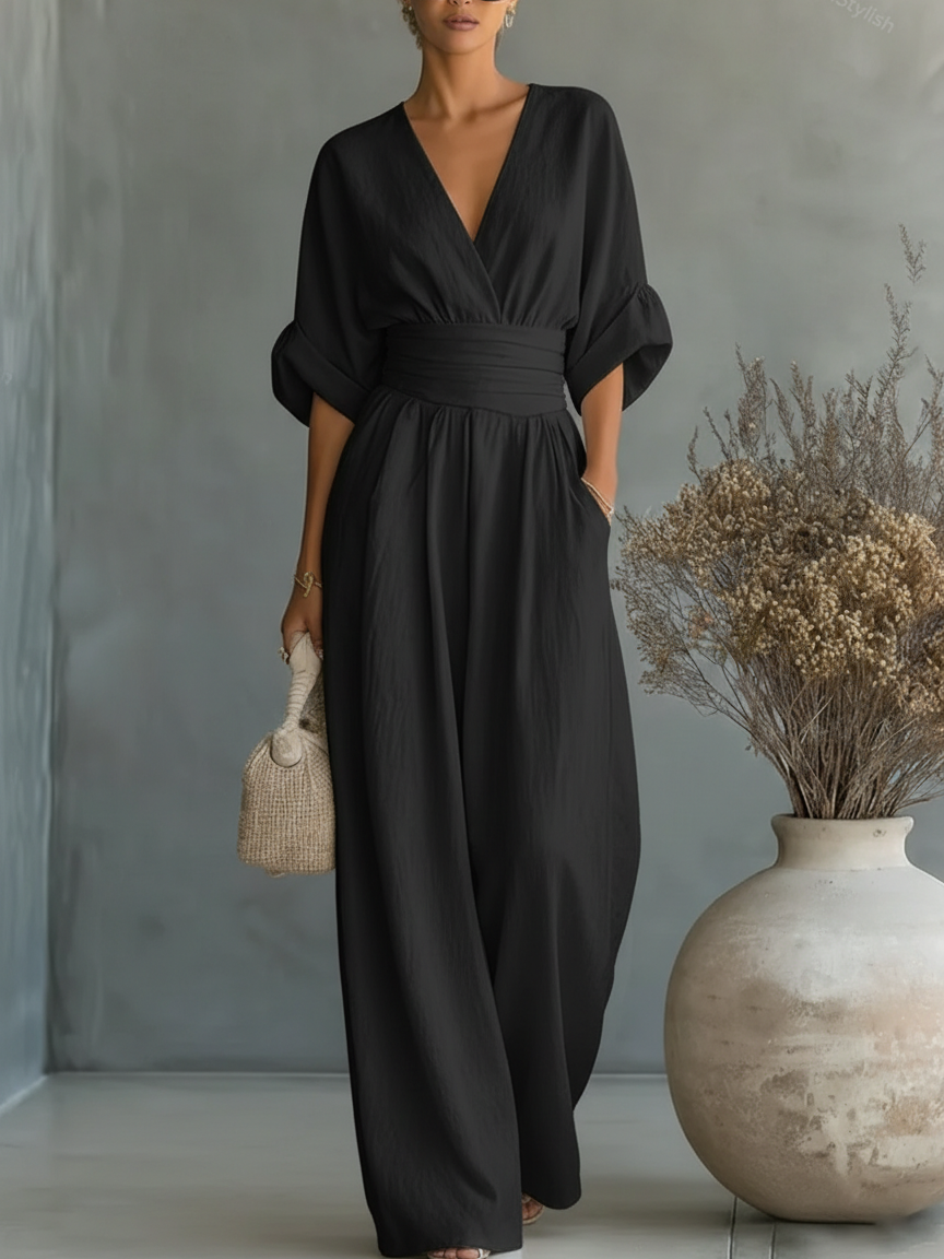 Eleganter Overall mit V-Ausschnitt, hoher Taille und lockerem Sitz für Damen