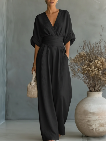 Eleganter Overall mit V-Ausschnitt, hoher Taille und lockerem Sitz für Damen