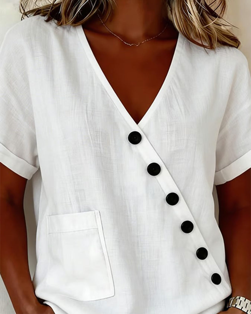 Damen Baumwollbluse mit V-Ausschnitt und schräger Knopfleiste