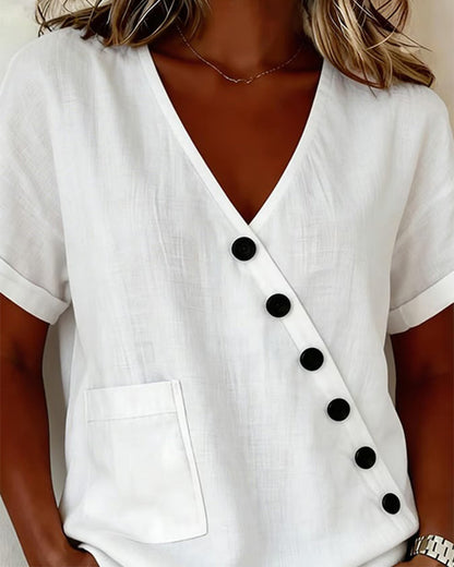 Damen Baumwollbluse mit V-Ausschnitt und schräger Knopfleiste
