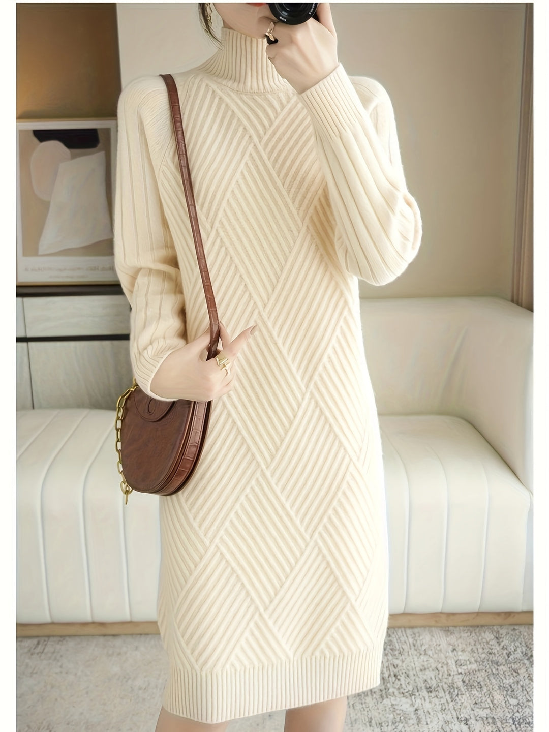 Strickkleid mit Stehkragen und Rippstruktur für Damen