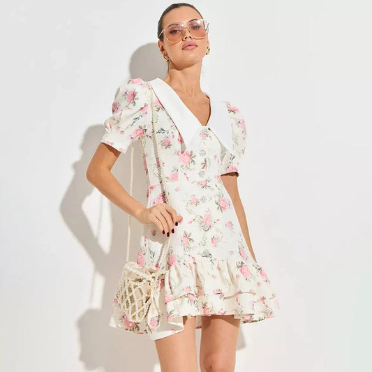 Damen Mini Kleid mit Puffärmeln und Rüschen