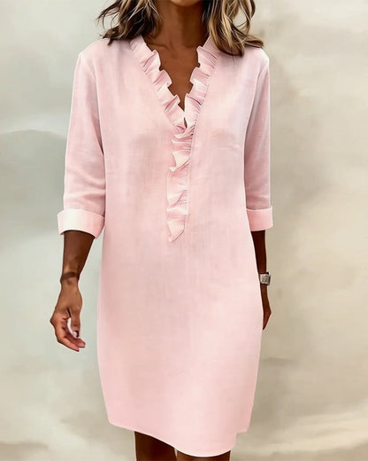 Leinenmischgewebe Kleid mit Volant und geradem Schnitt