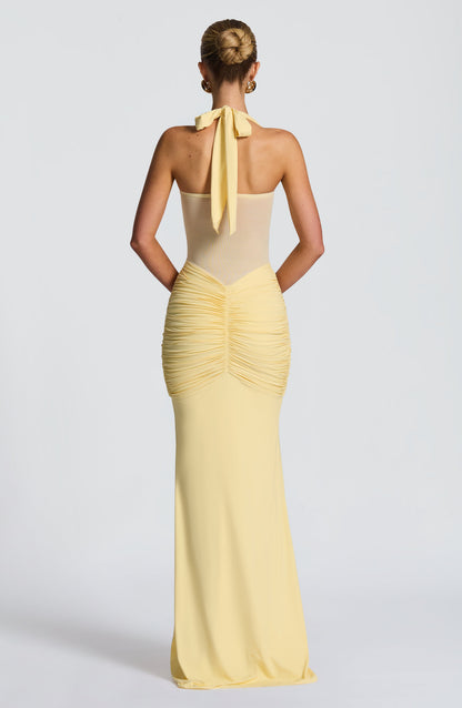 Ärmelloses gerafftes Jersey-Mesh-Maxikleid